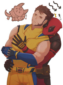 >_< 2boys animification beard belt black_gloves blue_gloves bodysuit brown_hair chibi closed_mouth commentary_request deadpool deadpool_&amp;_wolverine deadpool_(series) doghooouse facial_hair gloves green_eyes heart highres hug hug_from_behind large_pectorals leaning_on_person male_focus marvel multicolored_bodysuit multiple_boys muscular muscular_male pectoral_grab pectorals red_bodysuit red_mask short_hair sleeveless two-tone_bodysuit wolverine_(x-men) x-men yaoi yellow_bodysuit