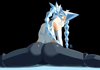 1girl arm_tattoo artist_logo ass ass_focus automatic_giraffe bare_shoulders black_background black_leggings blue_hair closed_mouth colored_eyelashes from_behind green_eyes hatsune_miku heattech_leotard highres ice_hair ice_miku_(project_voltage) leggings leotard logo long_hair looking_back nintendo pokemon project_voltage sitting_split solo spiked_hair split tattoo turtleneck twintails vocaloid white_leotard