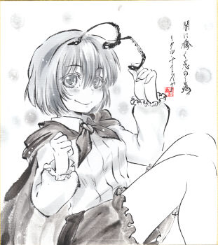 1girl absurdres antennae blush cape closed_mouth collared_shirt commentary_request greyscale highres long_sleeves looking_at_viewer monochrome shikishi shirt short_hair shorts smile solo sumi-e touhou traditional_media translation_request wriggle_nightbug yuzuha_(yuzutime)