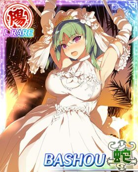 1girl arms_up bashou_(senran_kagura) bdsm blush bondage border bound bound_arms breasts bridal_veil bride card_(medium) dress elbow_gloves flower game_cg gloves green_hair large_breasts long_hair looking_at_viewer non-web_source official_alternate_costume official_art open_mouth palm_tree restrained rope senran_kagura senran_kagura_new_wave strapless strapless_dress sunset tiara tree veil wedding_dress white_dress white_gloves