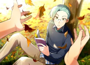 1boy against_tree autumn_leaves book bookmark commentary day english_commentary glasses grass green_eyes green_hair highres hikami_itaru leaf long_sleeves open_book osugi_illust pov pov_hands school_uniform short_hair sitting tokimeki_memorial tokimeki_memorial_girl's_side tokimeki_memorial_girl's_side_2nd_kiss tree