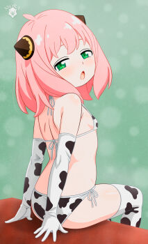 1girl absurdres abyzr.n age_difference ahoge animal_print anya_(spy_x_family) artist_request ass bikini blush cow_print cow_print_bikini cow_print_sleeves cow_print_thighhighs elbow_gloves female_focus gloves green_eyes hairpods highres legs loli looking_at_viewer medium_hair micro_bikini pink_hair print_bikini print_thighhighs side-tie_bikini_bottom sitting solo spy_x_family swimsuit thighhighs thighs
