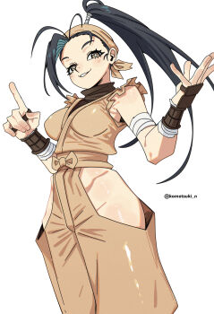 Rule 34 | 1girl, absurdres, antenna hair, artist name, bandaged arm, bandages, bandana, black hair, breasts, bright pupils, brown bandana, brown eyes, brown gloves, clothing cutout, commentary, cowboy shot, fingerless gloves, gloves, grin, highres, hip vent, ibuki (street fighter), komatsuki n, long hair, looking at viewer, medium breasts, mma gloves, ponytail, simple background, sleeveless, smile, solo, street fighter, twitter username, white background, white pupils