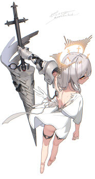 1girl amputee angel angel_wings back backless_outfit bandages barefoot dress full_body highres holding holding_polearm holding_weapon lance looking_at_viewer looking_back mini_wings missing_finger original polearm prosthesis prosthetic_arm scar solo standing torn_clothes weapon white_background white_dress white_hair wind wind_lift wings yellow_eyes zenmaibook