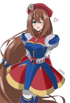1girl absurdly_long_hair android arms_behind_back beret blush breasts brown_hair cowboy_shot green_eyes hat heart highres iris_(mega_man) long_hair low-tied_long_hair mega_man_(series) mega_man_x4 mega_man_x_(series) mikan_763 one_eye_closed open_mouth red_hat signature simple_background skirt solo standing very_long_hair white_background