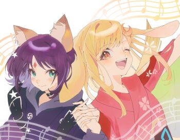 2girls animal_ears blonde_hair chinese_commentary choker chou_kaguya-hime! commentary_request crescent crescent_hair_ornament fox_ears green_eyes hair_ornament highres holding_hands interlocked_fingers japanese_clothes kaguya_(chou_kaguya-hime!) kimono long_hair looking_at_viewer lop_rabbit_ears multiple_girls musical_note musical_staff omedetou_(xhs_7417236017) one_eye_closed open_mouth orange_eyes purple_hair rabbit_ears sakayori_iroha smile