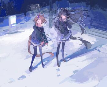 2girls ;d animal_ears apple_da-ze black_coat black_hair black_shoes black_thighhighs bow brown_hair buttons closed_mouth coat commentary ear_bow floating_hair head_tilt highres holding holding_umbrella horse_ears horse_girl long_hair long_sleeves looking_at_another looking_at_viewer multiple_girls narita_brian_(umamusume) one_eye_closed open_mouth parted_bangs pink_scarf pleated_skirt purple_eyes purple_scarf purple_skirt sakura_laurel_(umamusume) scarf school_uniform shoes short_hair skirt smile snow standing thighhighs tracen_school_uniform umamusume umbrella white_bow wind