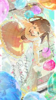 Rule 34 | 1girl, balloon, brown dress, brown hair, commentary request, cross-laced clothes, cross-laced dress, cursive, dress, flower, frilled dress, frills, green eyes, hair flower, hair ornament, happy birthday, highres, holding, holding balloon, kiin (kiin 00), long hair, looking at viewer, love live!, love live! superstar!!, outdoors, pinafore dress, plaid clothes, plaid dress, sakurakoji kinako, shirt, sideways, sleeveless, sleeveless dress, solo, tekuteku biyori, two side up, white flower, white shirt