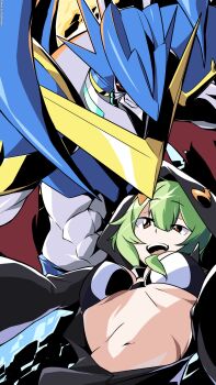 1girl bikini black_bikini breasts brown_eyes colored_skin digimon digimon_world_re:digitize dragon green_hair grey_skin hatotheman highres hood hooded_jacket jacket medium_breasts navel open_clothes open_jacket red_eyes revealing_clothes shinomiya_rina short_hair swimsuit ulforcev-dramon white_bikini