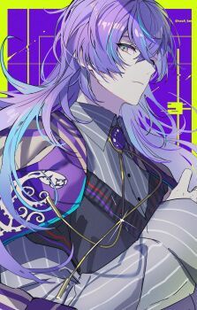 1boy absurdres aqua_eyes black_shirt black_vest blue_eyes blue_hair brooch buttons closed_mouth collared_shirt commentary_request crossed_bangs eyelashes from_side gem glint gradient_hair grey_shirt hair_between_eyes highres hoshirube_sho jacket jacket_on_shoulders jewelry koujisako long_hair long_sleeves looking_at_viewer male_focus multicolored_hair multicolored_jacket nijisanji pinstripe_pattern profile purple_background purple_eyes purple_gemstone purple_hair purple_jacket shirt sideways_glance sleeves_past_wrists solo streaked_hair striped_clothes striped_shirt twitter_username upper_body vertical-striped_clothes vertical-striped_shirt vest virtual_youtuber
