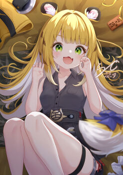 1girl animal_ear_fluff animal_ears bare_shoulders black_shorts blonde_hair blurry blurry_foreground blush bow breasts claw_pose collarbone colored_inner_hair commentary_request feet_out_of_frame green_eyes grey_shirt hair_intakes high-waist_shorts highres jacket ju_fufu long_hair looking_at_viewer lying multicolored_hair on_back on_bed open_mouth partially_unbuttoned rade_(rade_552) shirt shorts sleeveless sleeveless_shirt small_breasts socks solo sparkling_eyes striped_fur striped_hair sweatdrop tail tail_bow tail_ornament thigh_strap tiger_ears tiger_girl tiger_stripes tiger_tail unworn_jacket unworn_socks white_socks yellow_jacket zenless_zone_zero