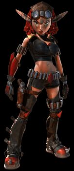 1girl alternate_costume armor ashelin_praxis belt breasts cleavage dreadlocks green_eyes gun highres jak3 jak_and_daxter jak_ii jak_x:_combat_racing large_breasts legs looking_at_viewer midriff navel official_art red_hair red_lips serious shorts solo thighs weapon