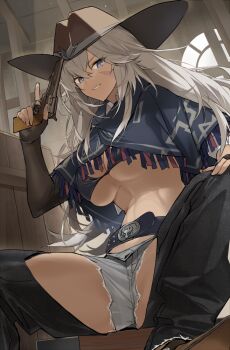1girl adjusting_clothes adjusting_headwear azur_lane belt black_bra black_chaps black_gloves blue_eyes blue_poncho bra breasts brown_hair commentary_request cowboy_hat dark-skinned_female dark_skin fingerless_gloves from_below fukuda935 gloves grin gun hand_up handgun hat indiana_(azur_lane) indiana_(high_noon_arrest)_(azur_lane) looking_at_viewer looking_down medium_breasts micro_shorts revolver scar scar_on_face shorts sitting smile solo underwear weapon