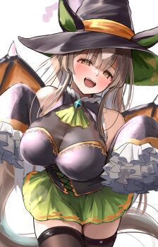 1girl alternate_costume animal_ears bad_source black_corset black_hat black_sleeves black_thighhighs blush breasts brown_eyes brown_hair corset demon_wings detached_sleeves diamond_(shape) frilled_sleeves frills green_skirt hair_between_eyes halloween_costume hands_up hat highres horse_ears horse_girl horse_tail large_breasts long_hair looking_at_viewer miniskirt multicolored_hair open_mouth satono_diamond_(umamusume) see-through_cleavage see-through_clothes sg_(esujii) simple_background skirt sleeves_past_fingers sleeves_past_wrists smile solo streaked_hair tail teeth thighhighs umamusume upper_teeth_only white_background white_streaks wings witch_hat