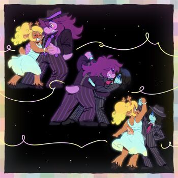 Rule 34 | 1other, 2girls, animal ears, antlers, black hair, black hat, black jacket, black shirt, black shoes, blue skin, blush, border, bracelet, collared shirt, colored sclera, colored skin, commentary, dancing, deer antlers, deer ears, deer girl, deer tail, deltarune, dress, english commentary, hat, highres, hooves, horns, jacket, jewelry, kleahvii, kris (dark world) (deltarune), kris (deltarune), kris (gangster) (deltarune), long hair, medium hair, multiple girls, necktie, noelle holiday, other with female, pants, pink necktie, ponytail, purple hair, purple necktie, reptile girl, shirt, shoes, sleeveless, sleeveless dress, smile, striped clothes, striped jacket, striped pants, susie (dark world) (deltarune), susie (deltarune), susie (gangster) (deltarune), suspenders, tail, utdr (toby fox), vertical-striped clothes, vertical-striped jacket, vertical-striped pants, white dress, yellow sclera, yuri