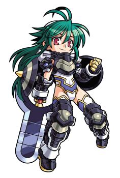 1girl antenna_hair armor armored_boots black_armor blue_leotard boots closed_mouth commentary_request gloves gold_trim green_hair hair_between_eyes hairband harakawa_mitsuhiro highleg highleg_leotard holding holding_weapon leotard long_hair looking_at_viewer multicolored_leotard official_art red_eyes shinrabanshou shizuku_(shinrabanshou) shoulder_armor smile solo third-party_source transparent_background vambraces weapon white_hairband white_leotard