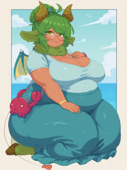 1girl ahoge animal_ears blue_sky blush breasts brown_horns cleavage closed_mouth commentary english_commentary fat full_body glasses green_hair highres hooves horizon horns huge_breasts looking_at_viewer mini_wings outdoors outside_border short_sleeves sillydogjoe sky solo thick_arms thick_thighs thighs wings