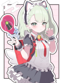 Rule 34 | 1girl, absurdres, backpack, bag, bell, black dress, black wrist cuffs, blush, claw pose, closed mouth, commentary request, dress, egasumi, frilled dress, frills, green eyes, green hair, highres, holding, holding megaphone, jingle bell, looking at viewer, maid, megaphone, neck bell, official alternate costume, randoseru, red bag, solo, sunna (afternoon tea break) (zenless zone zero), sunna (zenless zone zero), white wings, wings, wrist cuffs, yuu (yuu1601), zenless zone zero