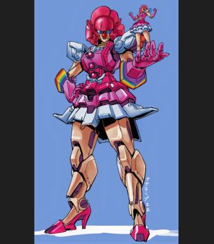 1girl ace_attorney blue_background breasts clenched_hands clown dress elbow_gloves geiru_toneido gloves in_palm makoto_ono mecha mechanization medium_breasts open_hands open_mouth phoenix_wright:_ace_attorney_-_spirit_of_justice pillarboxed pink_dress pink_gloves robot science_fiction smile