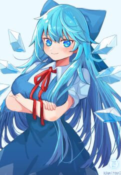 1girl aged_up alternate_breast_size_(larger) alternate_hair_length alternate_hairstyle alternate_height arms_under_breasts artist_name bare_arms blue_bow blue_dress blue_eyes blue_hair blush bow breasts cirno commentary crossed_arms detached_wings dress fairy hair_bow highres ice ice_wings kamitani_propeller large_breasts long_hair looking_at_viewer multiple_wings neck_ribbon pinafore_dress red_ribbon ribbon shirt short_sleeves simple_background sleeveless sleeveless_dress smile solo straight_hair touhou very_long_hair white_background white_shirt wings