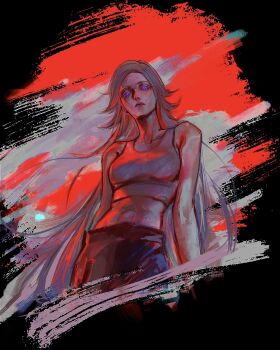 1girl aotsuki_eito black_pants breasts chinese_commentary commentary_request cropped_legs downturned_eyes genderswap genderswap_(mtf) grey_hair highres jiangxing427 long_hair looking_at_viewer medium_breasts midriff pants purple_eyes ringed_eyes solo tank_top the_hundred_line_-last_defense_academy- very_long_hair