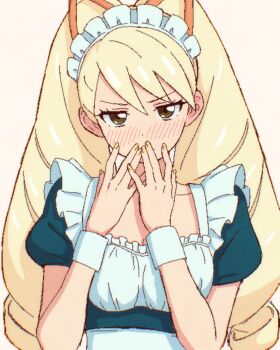1girl blonde_hair blush bow commentary_request drill_hair embarrassed fujichamo green_eyes hair_bow highres long_hair looking_at_viewer luna_platz_(mega_man) maid maid_headdress mega_man_(series) mega_man_star_force_(series) nail_polish orange_bow simple_background twin_drills very_long_hair