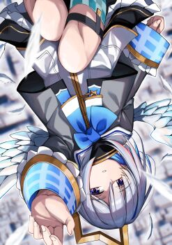 1girl amane_kanata angel angel_wings blue_bow blue_bowtie blue_hair blue_wrist_cuffs bow bowtie colored_inner_hair frilled_cuffs gold_halo gold_trim grey_jacket halo highres hololive jacket medium_hair mini_wings multicolored_hair pink_streaks purple_eyes sailor_collar star_halo tomahhhto virtual_youtuber white_hair white_wings wings wrist_cuffs