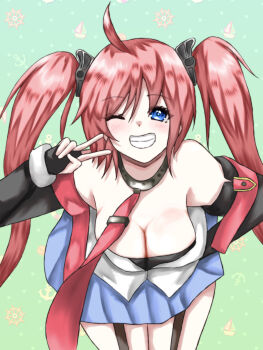 1girl ahoge azur_lane bare_shoulders black_gloves blue_eyes blue_skirt blush boat breasts cleavage commentary_request elbow_gloves fingerless_gloves garter_straps gloves gradient_background green_background grin hair_ornament hand_on_own_hip highres large_breasts leaning_forward lekkapanda long_hair looking_at_viewer miniskirt necktie one_eye_closed patterned_background red_hair red_necktie san_diego_(azur_lane) ship's_wheel shirt skirt smile solo twintails v watercraft white_shirt