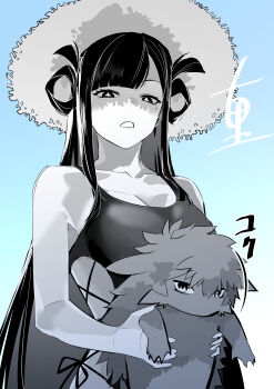 +_+ 1girl absurdres alternate_form animal black_hair bright_pupils commentary_request cross-shaped_pupils fccrcrvim924172 hair_horns hair_rings hat highres holding holding_animal karukaya_gekka kuniruri_natsuki long_hair looking_down mole monochrome nue_no_onmyouji pet shaded_face sleeveless straw_hat swimsuit symbol-shaped_pupils