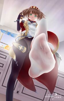 1girl absurdres ayachimikami azur_lane brown_hair cameltoe feet food fruit glass green_eyes highres juice long_hair looking_at_viewer open_mouth orange_(fruit) orange_juice panties pantyshot see-through_clothes see-through_legwear soles toes twintails underwear york_(azur_lane)