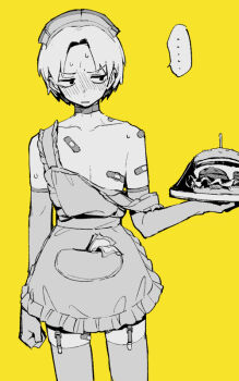 ... 1boy bandages bandaid bandaids_on_nipples blush burger collarbone cowboy_shot dress elbow_gloves food frilled_dress frills fucafucamold garter_straps gloves greyscale_with_colored_background male_focus original pasties serving short_hair spoken_ellipsis sweat thighhighs yellow_background