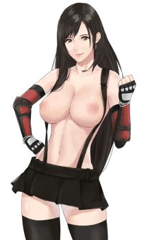 1girl bare_shoulders black_skirt black_thighhighs breasts clenched_hand closed_mouth collarbone contrapposto cowboy_shot earrings elbow_gloves elbow_pads female_focus final_fantasy final_fantasy_vii final_fantasy_vii_remake fingerless_gloves gloves hand_on_own_hip j@ck jewelry large_breasts long_hair looking_at_viewer low-tied_long_hair microskirt midriff miniskirt navel nipples pleated_skirt shirt simple_background skirt smile solo square_enix standing suspender_skirt suspenders thighhighs thighs tifa_lockhart topless_female very_long_hair white_background zettai_ryouiki