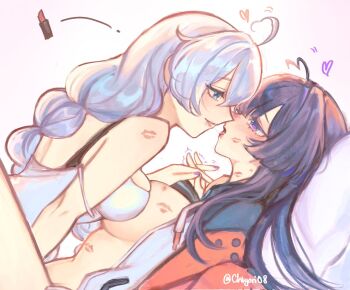 Rule 34 | 2girls, ahoge, blue eyes, blunt bangs, blush, braid, breast press, chiyori08, commentary, couple, english commentary, eye contact, from side, girl on top, hair between eyes, heart ahoge duo, honkai (series), honkai impact 3rd, imminent kiss, implied kiss, implied sex, jacket, kiana kaslana, leaning forward, lipstick mark, long braid, long sleeves, looking at another, looking down, looking up, lying, multiple girls, navel, nude, on back, open clothes, open jacket, purple eyes, purple hair, raiden mei, red lips, saliva, saliva trail, sex, shade, single braid, sleeveless, stomach, tongue, tongue out, twitter username, underwear, white hair, yuri