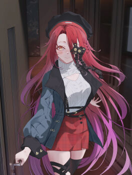 1girl absurdres beret black_hat black_jacket black_thighhighs blush bow braid breasts cleavage_cutout clothing_cutout fate/grand_order fate_(series) hair_between_eyes hat highres jacket lake long_hair long_sleeves nan_ji_yun red_hair red_skirt shirt skirt small_breasts smile solo thighhighs typhon_ephemeros_(fate) typhon_ephemeros_(over_the_same_sky)_(fate) very_long_hair white_shirt yellow_eyes