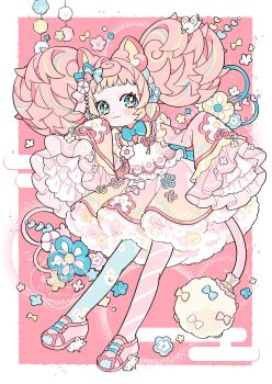 1girl :3 amaharu_wasure animal_ears asymmetrical_legwear blue_pantyhose blush_stickers border closed_mouth commentary dot_nose dress frilled_sleeves frills full_body green_eyes hands_up highres long_hair long_sleeves looking_at_viewer mismatched_legwear mouse_ears mouse_girl mouse_tail original outside_border pantyhose pink_background pink_dress pink_hair pink_pantyhose pink_shoes shoes sleeves_past_fingers sleeves_past_wrists smile solo standing striped_clothes striped_pantyhose symbol-only_commentary tail twintails watermark white_border