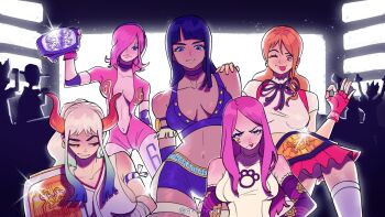 2025 5girls ;p anti-eyebrow_piercing arms_up belt black_hair blue_eyes blunt_bangs breasts choker cleavage commentary curly_eyebrows drw_hrvnj earrings english_commentary face_piercing fingerless_gloves glint gloves hair_over_one_eye highres holding horns jewelry jewelry_bonney long_hair medium_hair multiple_girls nami_(one_piece) neckerchief nico_robin nico_robin_(alabasta) ok_sign one_eye_closed one_piece orange_hair pearl_earrings people piercing pink_hair plunging_neckline ponytail purple_neckerchief shorts sideboob sidelocks skirt smile thighhighs tongue tongue_out twintails twitter_username vinsmoke_reiju white_hair white_thighhighs yamato_(one_piece)