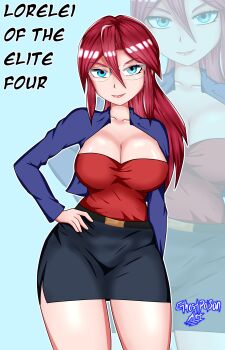 absurdres blue_eyes breasts ghostpoisonart glasses hand_on_own_hip highres huge_breasts jacket large_breasts lipstick lorelei_(pokemon) makeup mature_female nintendo pokemon pokemon_(anime) pokemon_(classic_anime) red_hair skirt thighs