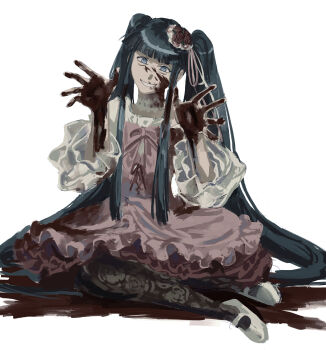 1girl absurdres blood blood_on_clothes blood_on_face blood_on_hands blood_splatter blue_eyes blue_hair blunt_bangs bow choker dress flower frills furudo_erika hair_flower hair_ornament hat highres long_hair pantyhose peachducy pink_bow ribbon rose simple_background skirt smile solo twintails umineko_no_naku_koro_ni white_background