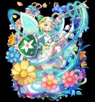 1girl bell black_background blue_flower blush bob_cut boots bow breasts brown_choker choker dress flower flying full_body green_bow hair_between_eyes hair_bow hair_flower hair_ornament highres holding holding_key holding_shield holding_weapon insect_wings ivy key knee_boots medium_breasts melolottia_(merc_storia) merc_storia merc_storia_art_team official_art open_mouth petals pink_flower shield short_hair sidelocks simple_background solo standing strapless strapless_dress tachi-e tsurime weapon white_boots white_dress wings yellow_eyes yellow_flower