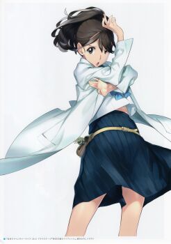 1girl :o absurdres belt belt_buckle belt_pouch blue_bow blue_skirt bow brown_belt brown_eyes brown_hair buckle charm_(object) chest_bow chuo_tanegashima_high_school_uniform coat cosplay crop_top crossed_arms dynamic_pose fukuda_tomonori furrowed_brow hair_between_eyes hair_bun hand_to_head hand_up head_down highres lab_coat long_hair looking_at_viewer mad_scientist midriff midriff_peek miniskirt official_art okabe_rintarou okabe_rintarou_(cosplay) open_mouth pleated_skirt ponytail pouch robotics;notes school_uniform science_adventure senomiya_akiho serafuku shirt short_hair short_sleeves simple_background skirt smile solo steins;gate v-shaped_eyebrows white_background white_coat white_shirt wind wind_lift