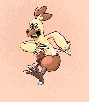 Rule 34 | absurdres, animal focus, bird, brown eyes, chicken run, claws, cmccillustr8, combusken, creepy, full body, gen 3 pokemon, grin, highres, look-alike, looking at viewer, motion blur, nintendo, no humans, open mouth, parody, pokemon, pokemon (creature), pokemon focus, running, simple background, smile, solo, style parody, talons
