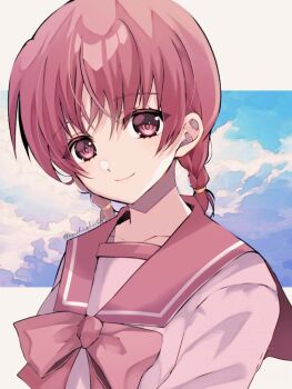 1girl alternate_hairstyle bow bowtie braid cloud cloudy_sky collarbone commentary commentary_request kamigishi_akari looking_at_viewer pink_bow pink_bowtie pink_eyes pink_hair pink_sailor_collar sailor_collar school_uniform serafuku sky smile solo to_heart to_heart_(series) twin_braids yuzuchi_(yuchiyduchi)