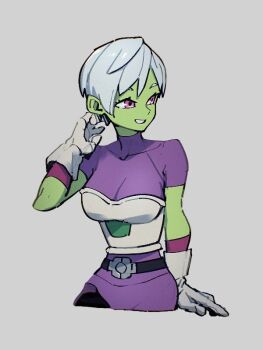 1girl bodysuit breasts cheelai colored_skin dragon_ball dragon_ball_super dragon_ball_super_broly gloves green_skin grey_background kemachiku looking_to_the_side medium_breasts pink_eyes purple_bodysuit short_hair simple_background smile solo white_gloves white_hair