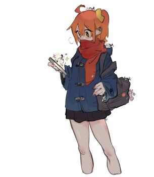 1boy 1girl :v ashiya_douman_(fate) asymmetrical_hair bad_id bad_postype_id bag bell black_eyes black_hair blob blush creature_on_head cropped_legs curly_hair fate/grand_order fate_(series) fujimaru_ritsuka_(female) hair_bell hair_between_eyes hair_intakes hair_ornament half-closed_eyes highres long_hair multicolored_hair peeking_out red_scarf scarf sketch smug sparkle surprised syabbal-i through_medium through_screen two-tone_hair very_long_hair white_hair wide-eyed