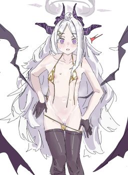 1girl absurdres ahoge bikini bikini_bottom_pull black_gloves black_thighhighs blue_archive commentary_request cowboy_shot demon_girl demon_horns demon_wings feet_out_of_frame flat_chest gloves gold_bikini golden_week hair_ornament hairclip halo highres hina_(blue_archive) horns long_hair looking_at_viewer low_wings micro_bikini multiple_horns navel nipples open_mouth ponpokotan purple_eyes purple_wings pussy simple_background solo standing surprised swimsuit thighhighs undressing untied_bikini_top very_long_hair water_drop white_background white_hair wings
