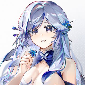 1girl :d absurdres blue_eyes blue_flower blue_hair blueblossom borrowed_character breasts commentary commission english_commentary flower flower_ornament hair_flower hair_ornament highres holding holding_flower large_breasts lenhee_(kaito) long_hair looking_at_another open_mouth original pixiv_commission smile solo variant_set white_background white_hair