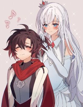 2girls akane031 black_hair blue_dress blue_eyes blue_gloves blush cape closed_eyes dress elbow_gloves gloves gradient_hair highres long_hair multicolored_hair multiple_girls musical_note playing_with_another's_hair pleated_skirt red_cape red_hair ruby_rose rwby scar scar_across_eye scar_on_face short_hair skirt sparkle tiara tying_another's_hair weiss_schnee white_hair