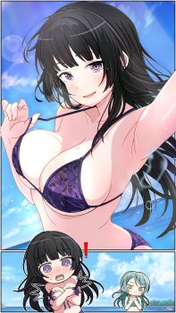 2girls absurdres aqua_bikini aqua_hair armpits bang_dream! bikini black_hair blush breast_envy breasts cleavage closed_mouth collarbone commentary english_commentary green_eyes highres hikawa_sayo izami_md large_breasts long_hair multiple_girls navel ocean open_mouth purple_bikini purple_eyes shirokane_rinko stomach swimsuit teeth upper_teeth_only wardrobe_malfunction