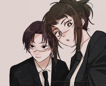 Rule 34 | 1boy, 1girl, black hair, black jacket, black necktie, brown hair, chainsaw man, collared shirt, curtained hair, formal clothes, high ponytail, jacket, kurose yuutarou, looking at viewer, looking to the side, medium hair, messy hair, necktie, ponytail, scar, scar on face, scar on nose, shirt, short hair, simple background, suit, suit jacket, tendou michiko, turuo che, white background, white shirt