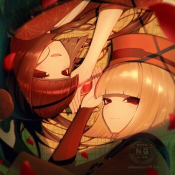 Rule 34 | 2girls, absurdres, black eyes, black hair, black kimono, blunt bangs, breasts, commentary request, eyeliner, fate/grand order, fate (series), flower, grey hair, hair flower, hair ornament, hat, highres, japanese clothes, kimono, komahime (fate), long hair, long sleeves, looking at viewer, lying, makeup, multiple girls, mutai4649, on side, open mouth, red hat, red kimono, sen no rikyu (fate), sen no rikyu (first ascension) (fate), short hair, small breasts, smile, very long hair, wide sleeves